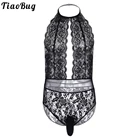 Черное мужское цельное кружевное кросс-платье TiaoBug с цветочным рисунком, нижнее белье с воротником хомутиком, без рукавов, боди с сумочкой, ночное белье, одежда для сна