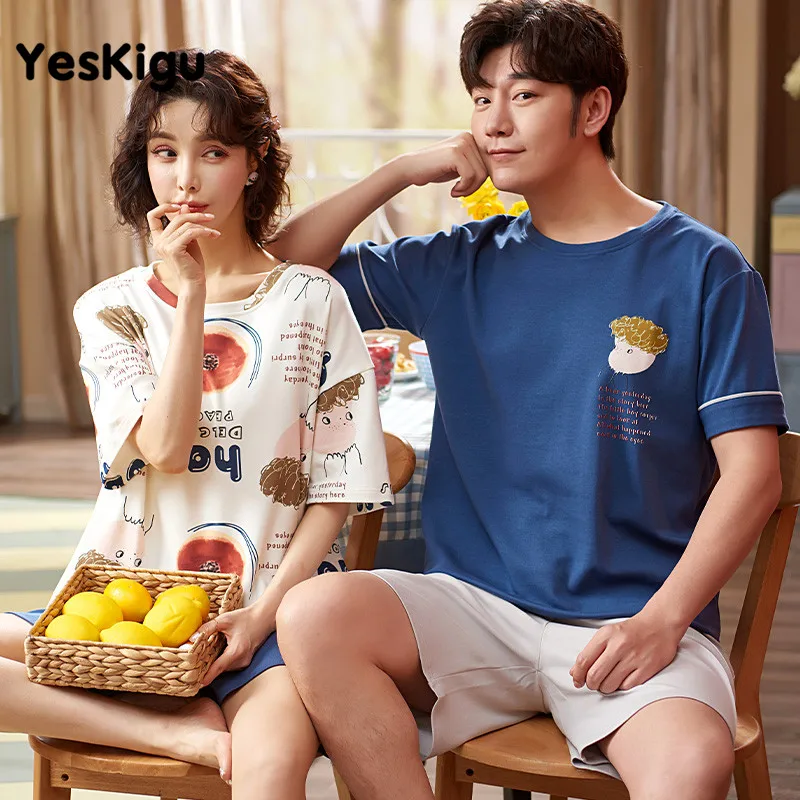 

Летние пижамы для пар для женщин и мужчин, хлопковая одежда для сна с мультяшным рисунком, пижама, Пончик, домашняя одежда, ночные рубашки, шо...