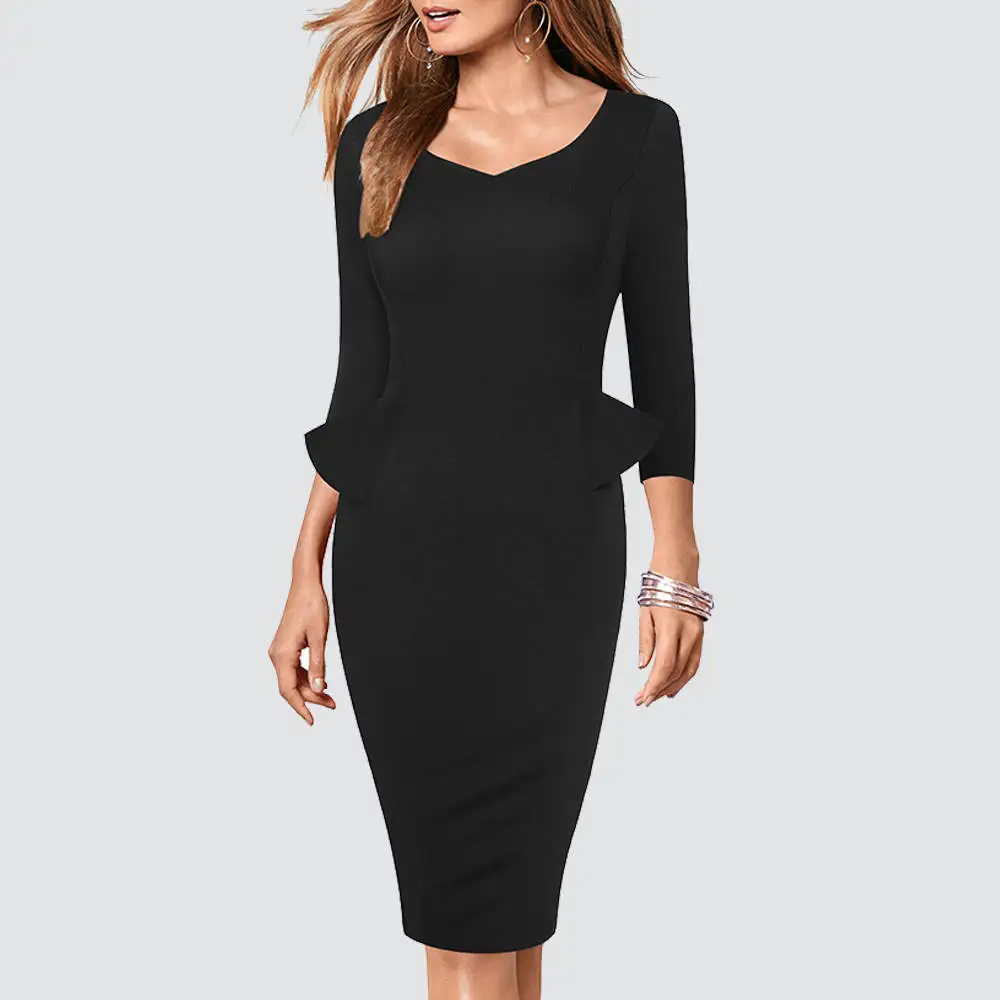 

Women Office Business 3/4 Sleeve V Neck Peplum Lady Slim Fitted Pencil Dress 1HB553