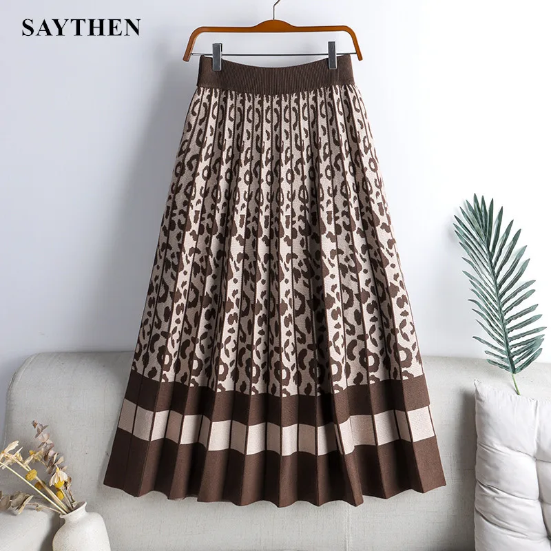 

SAYTHEN Autumn And Winter New High-Waisted Thin A-Line Pleated Skirt Leopard-Print Knit Skirt Mid-Length Large Skirt