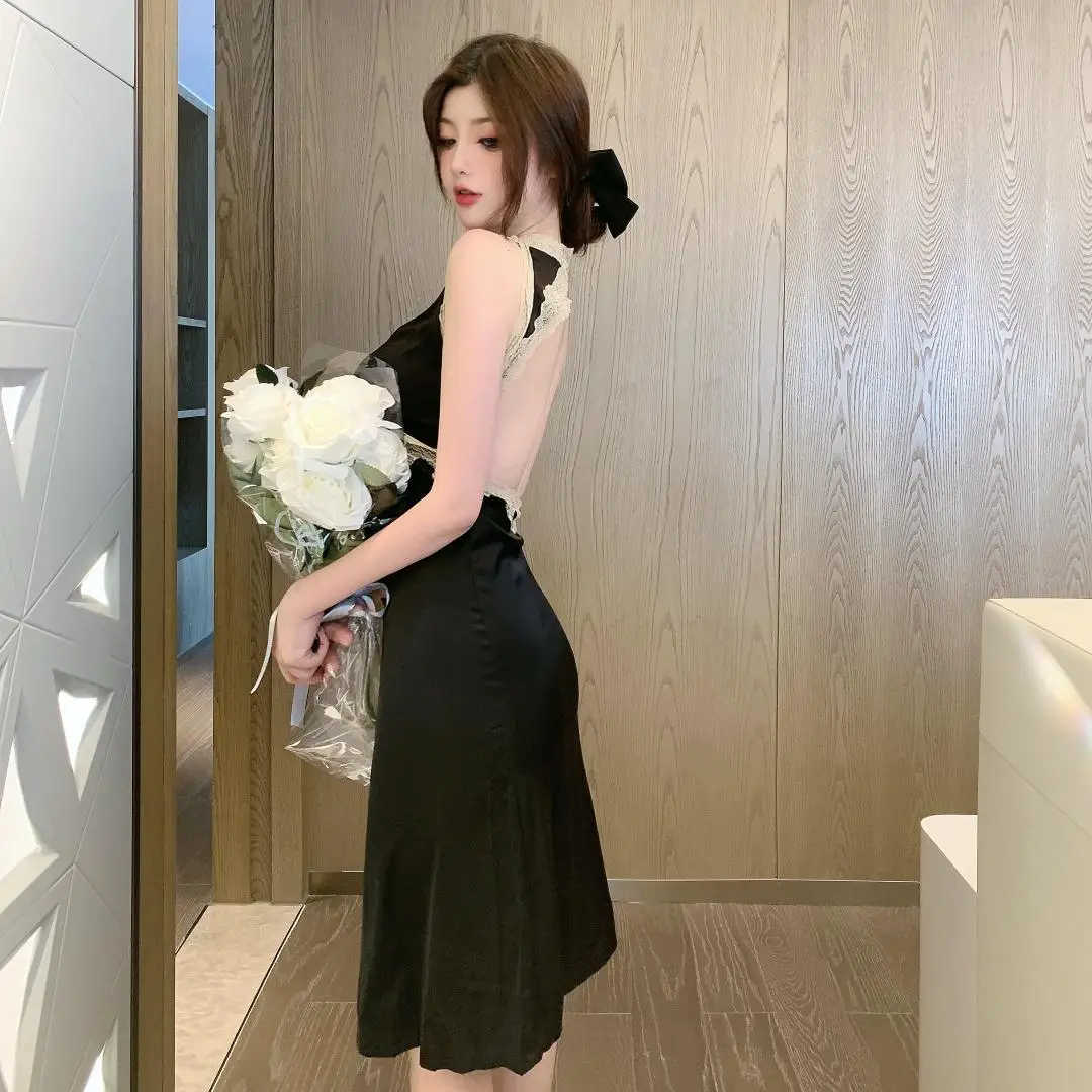 

DEIVOR 2020 summer sexy black lace retro big backless dress
