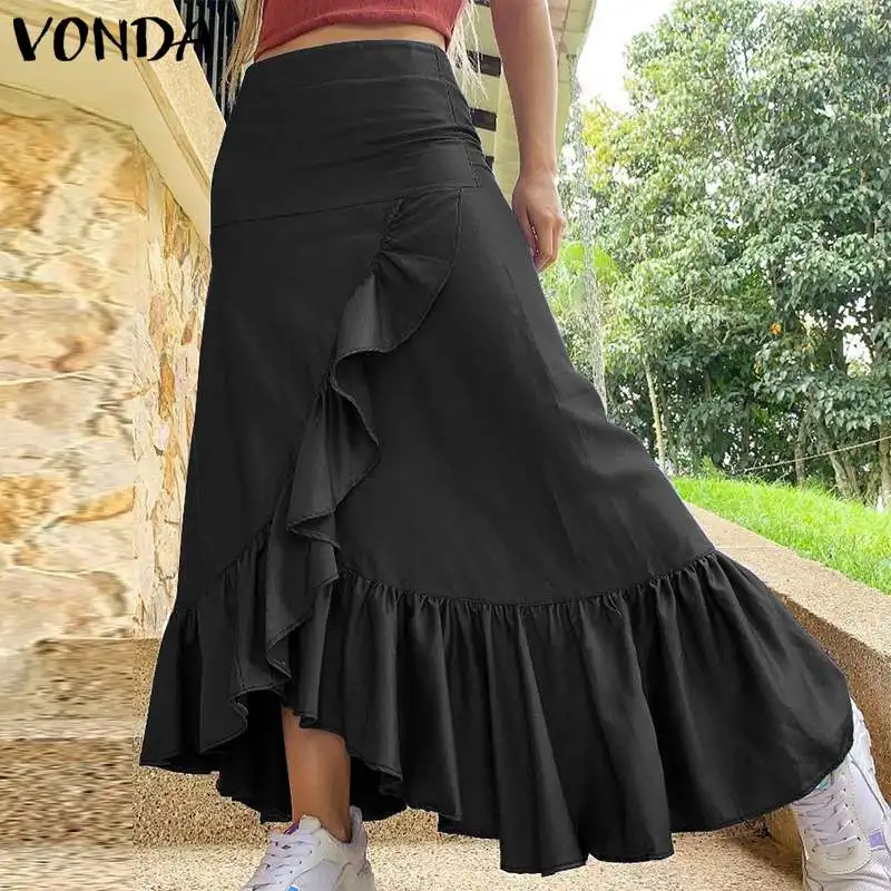 

Женские повседневные однотонные юбки VONDA с высокой талией и асимметричным подолом, плиссированные юбки, свободные однотонные вечерние длин...