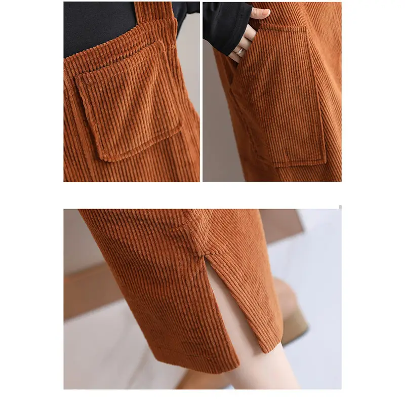 

New Corduroy Suspender Dress Women's Casual Two-piece Set 2019 Spring Autumn New Long Sleeve Korean Slim Long Strap Dress f1369