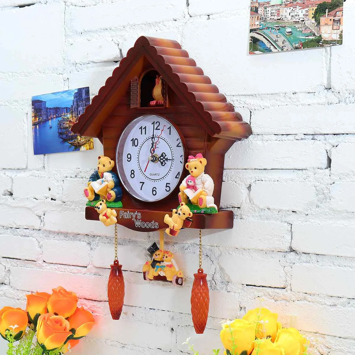 Большие винтажные настенные часы 43x28x28 см с птицей и куколкой деревянные
