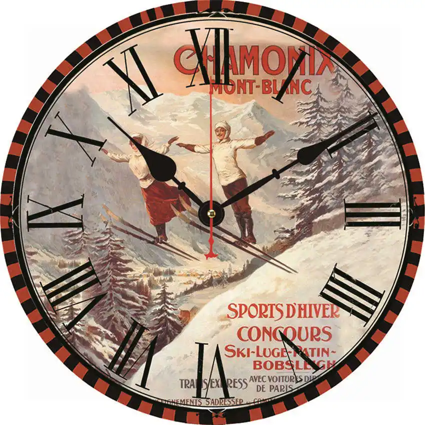Skiing Clock E Парижская башня настенные часы, настенные часы Бесшумный ход, круглые Настенные часы, потертые ретро дома для декора кухни, duvar saati - Цвет: Skiing Clock E