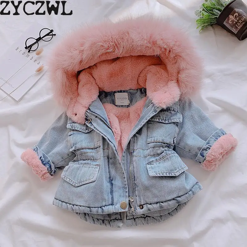 Зимняя джинсовая куртка для маленьких девочек теплая верхняя одежда из