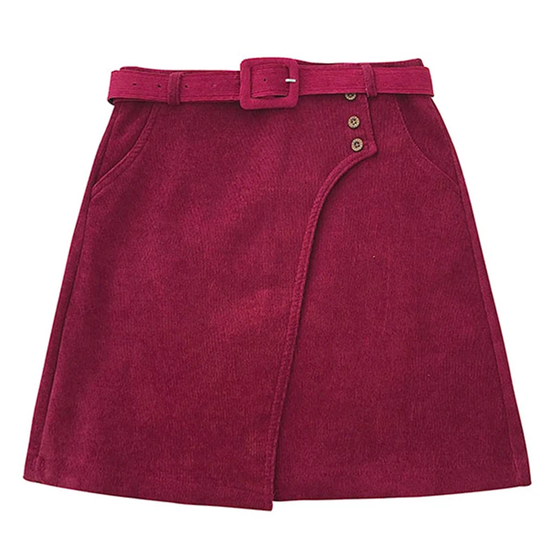 

PERHAPS U Women Red Black Gray Khaki Corduroy High Street Zipper Sash A-line Mini Empire Skirt Autumn Winter S0285