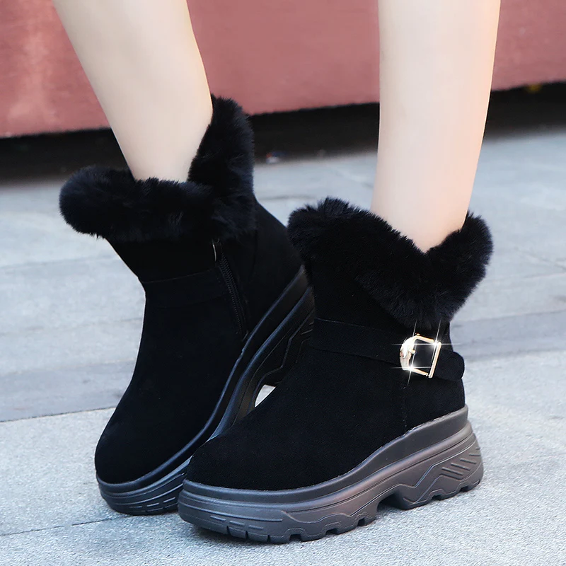 

2021 Winter Women Fur Wedges Snow Boots Faux Suede Thicken Plush Warm Shoes Woman Metal Buckle Platform Ankle Botas Mujer