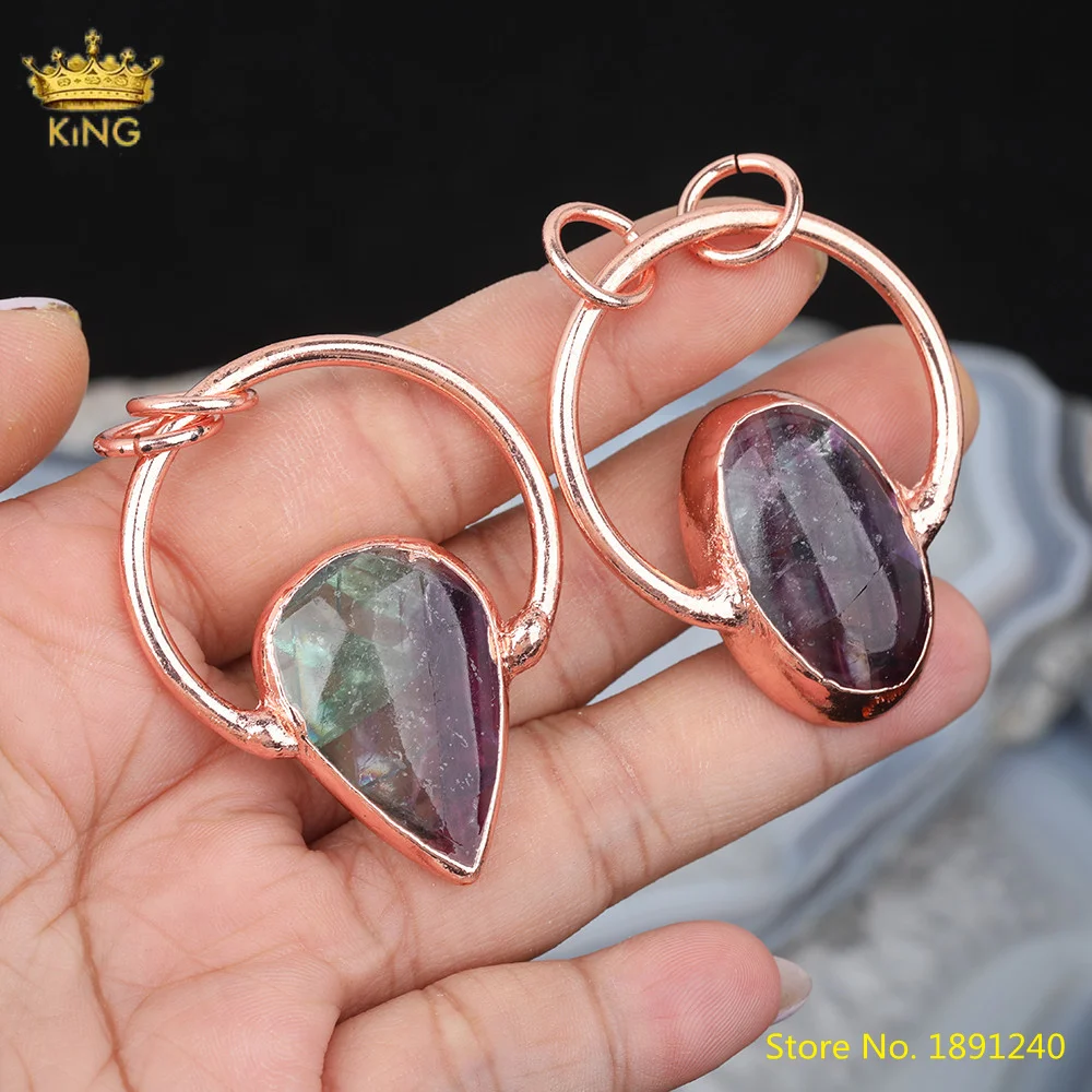 

5pcs Natural Rainbow Fluorite Stone Beads Hoop Pendants, Cut Oval Drop Gems Stones Rose Gold Hoop Charms For DIY Key Jewelry