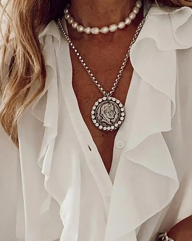 2020 Women Fashion Elegant White Ruffles Casual V Neck Blouse Shirts Solid Buttoned Ruffles Button Design Long Sleeve Top