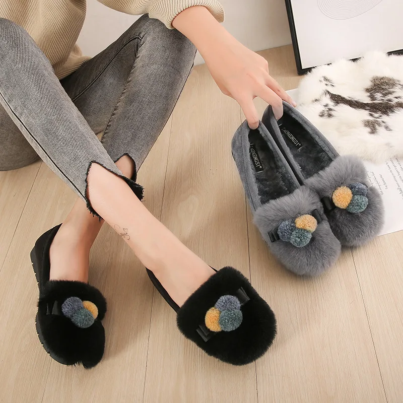 

Rabbit Plush Casual Warm Cotton Shoes 2021 New Round Head Single Shoes Flat Sole Simple Soft Plush Shoes