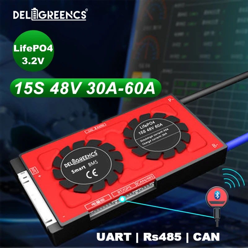 LifePO4 15S Smart BMS 30A 40A 60A с Bluetooth Android APP для 48V аккумуляторного блока UART CAN RS485