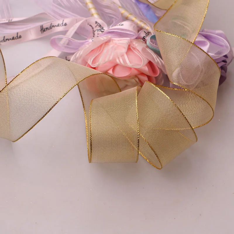 3.4CMcm5yards DIY аксессуары лента с проволочной кромкой, Жесткая сетка, лента, Золотая лента, декоративная подарочная коробка с деревом, упаковка с бантом