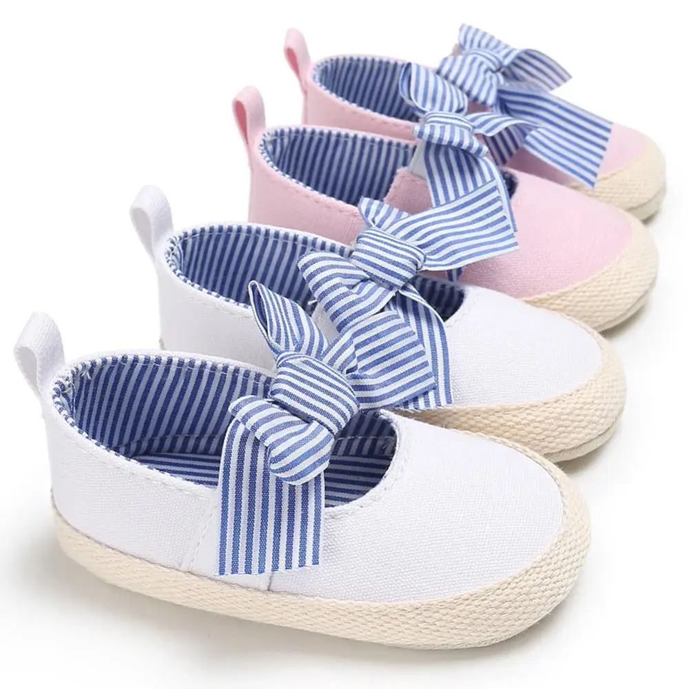 

Fashion Baby Girls Princess Shoes Infant Toddler Crib Bebe Kids First Walkers Canvas Striped Big Bow Soft Soled Anti-Slip Shoes