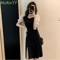 french graceful puff sleeve black slim mini dress summer women 2021 new korean fashion patchwork sexy split evening party robe