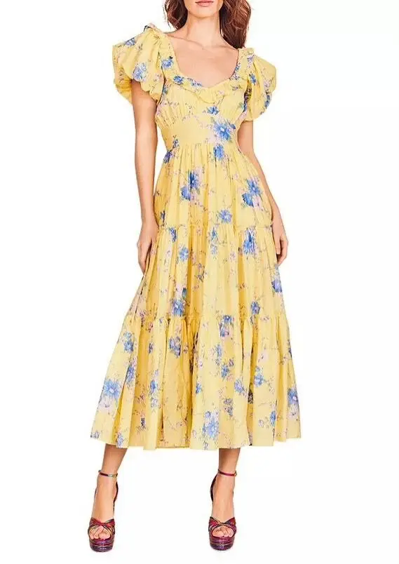 

Ruffled A-line Dresses Square Collar Bohemia Dress New 2021 Holiday Floral Print Ruffled Sleeve Long Dress Summer High Waist