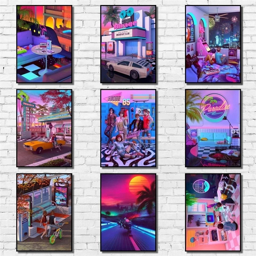 

80s Synthwave Poster Cartoon Whitepaper Art Painting Abstract Canvas Print Picture Home Decor Modular Coffee House Bar Artwork