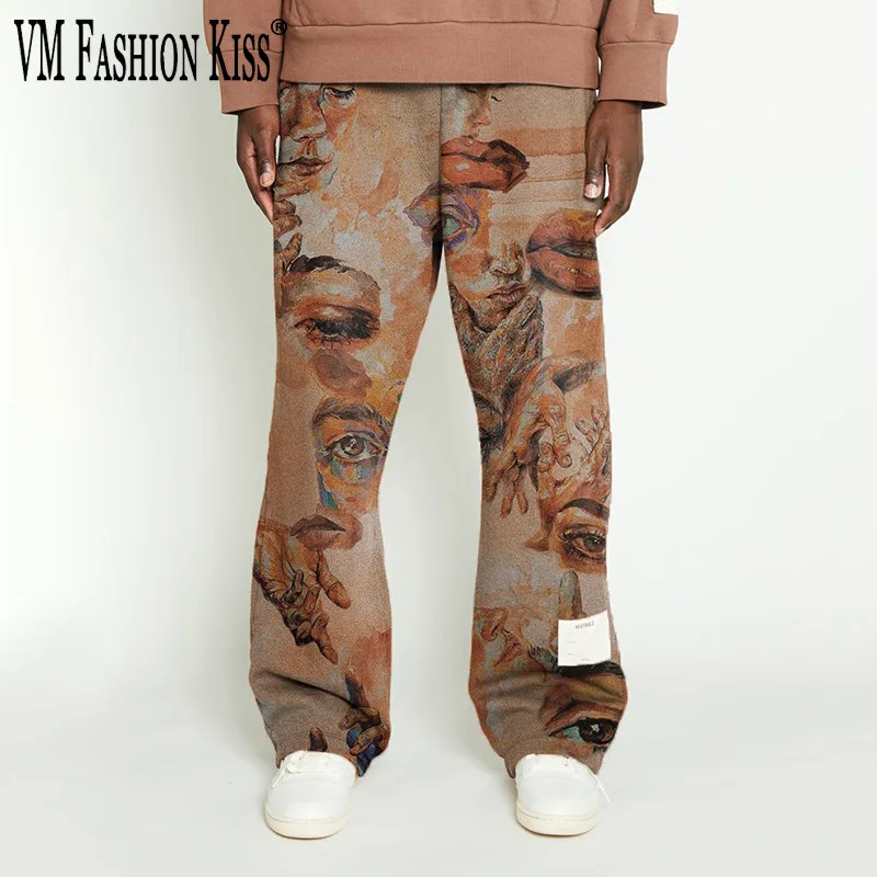 

VM FASHION KISS Clothes Men Sweatpants New Ins Street Hip-hop Printing Wash Loose Wide Leg Baggy Pants Mid Waist Casual Trousers