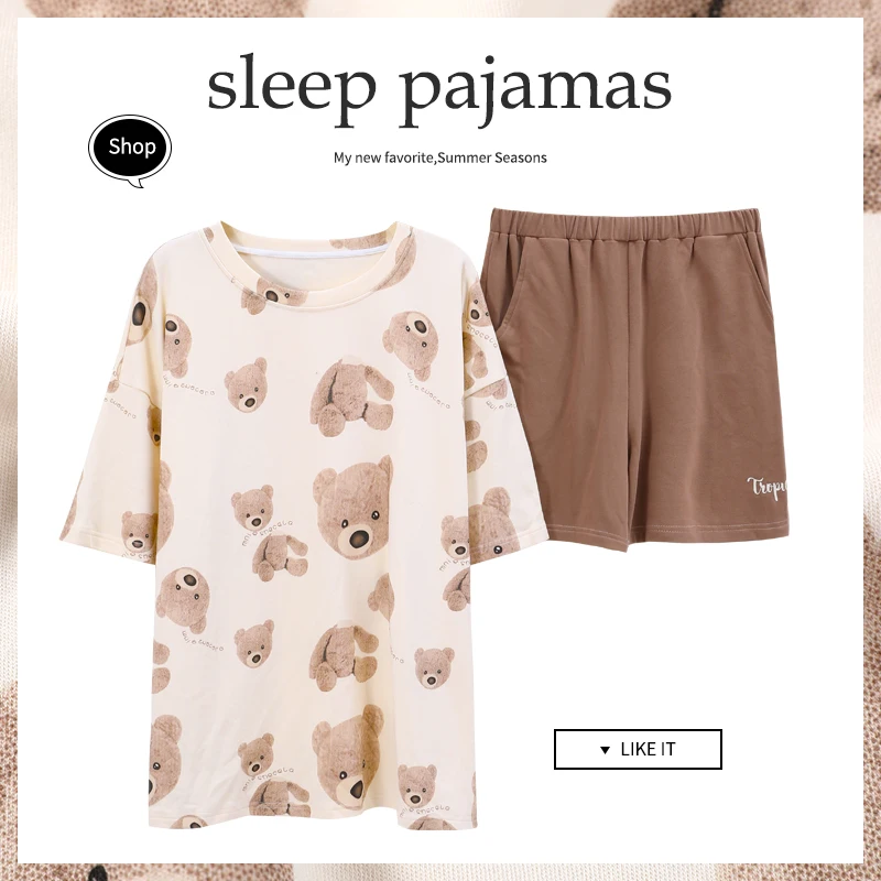 CAIYIER Japanese Summer Women Pajamas Cotton Girls Cute Cartoon Sleepwear Short Sleeve Shorts Round Neck Lounge Print Nightwear