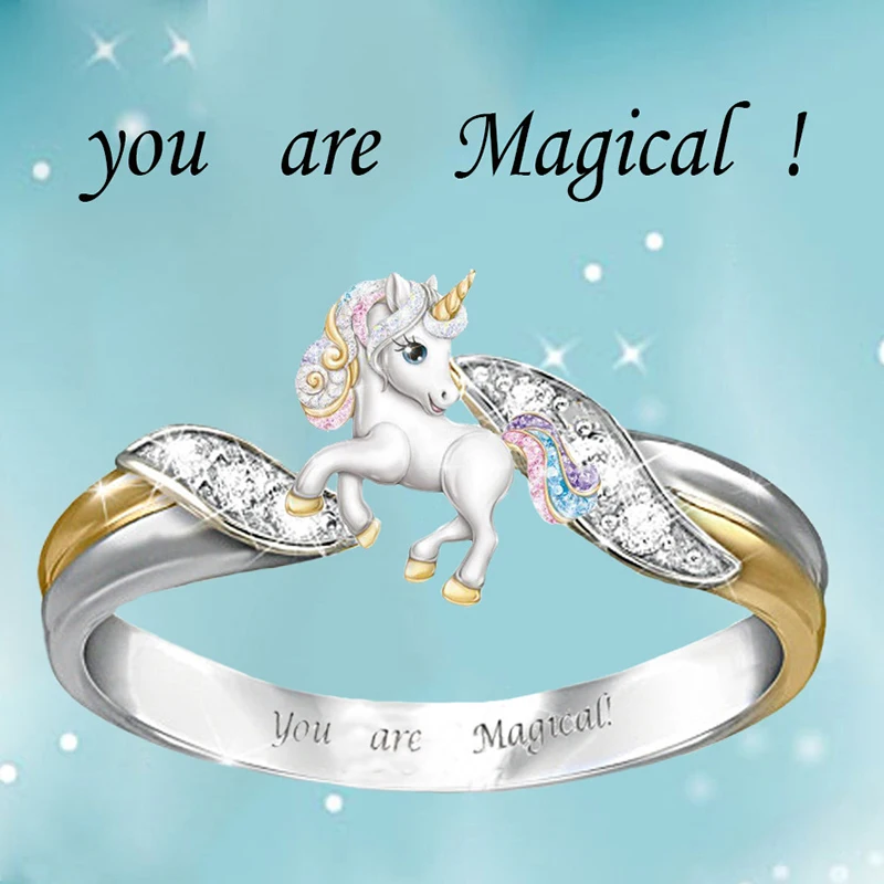 Милые кольца с радужным единорогом для женщин и детей серебряное кольцо