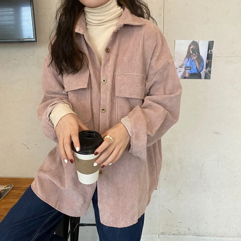 

Workwear Shirt Corduroy Jacket Spring Autumn New Long Sleeve Retro Lazy Oversize All Match Blouse Women Casual Coat Streetwear