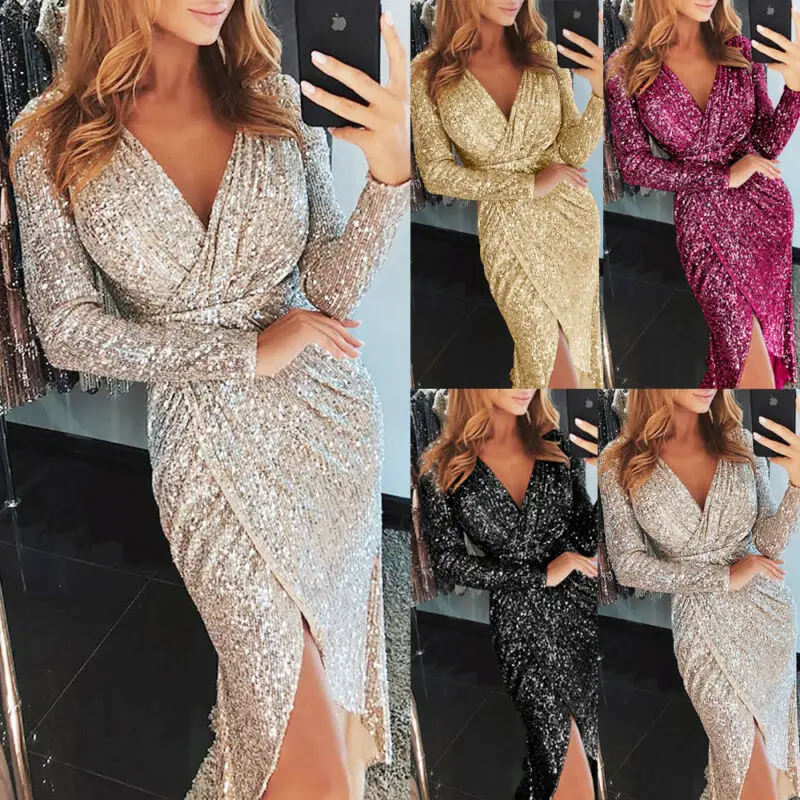 Women Glitter Sequined Dresses Long Sleeve Split Dress Deep V Neck Elegant Evening Club Party Bodycon Slim 3Colors | Женская одежда