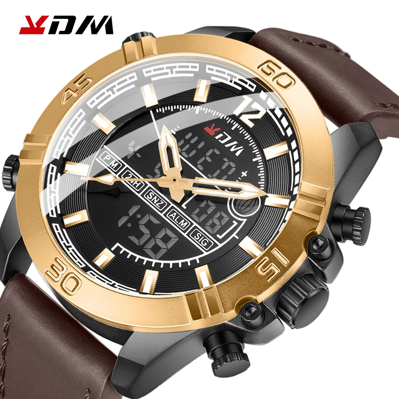KDM мужские золотые часы двойной кварцевый цифровой дисплей Комфорт Кожаный