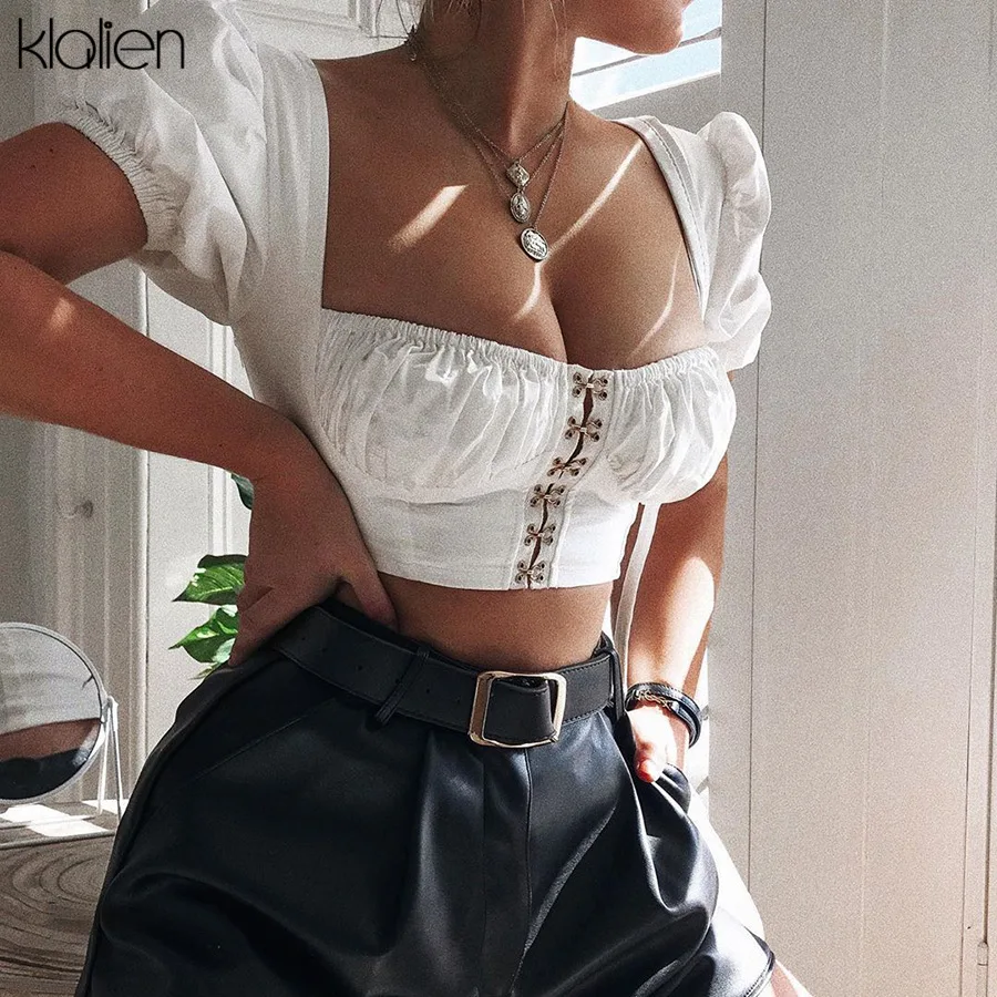 Женские пикантные белые укороченные топы KLALIEN летняя модная дикая футболка