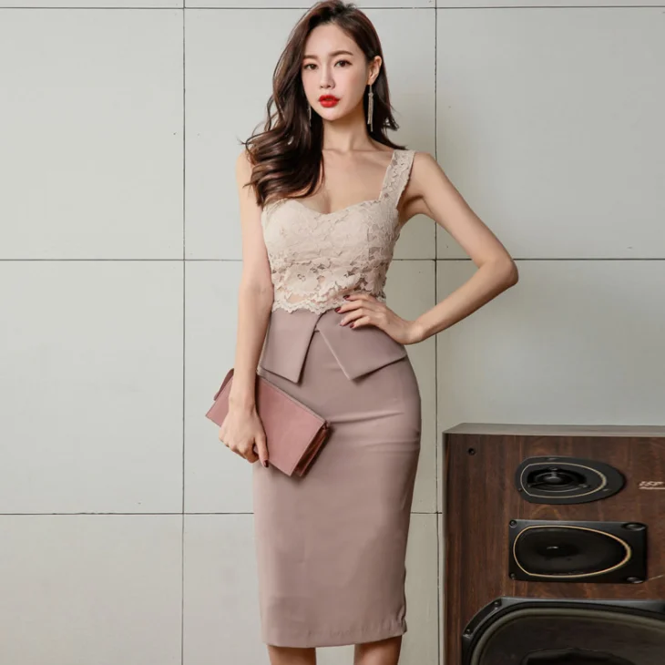 Женское кружевное платье карандаш без бретелек с V образным вырезом|Женские