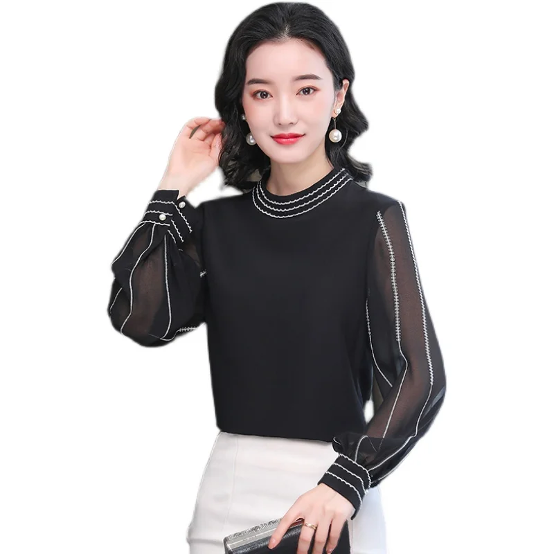 

Stand-up collar women's long-sleeved spring 2021 new fashion loose chiffon shirt European and American style high-end pullover