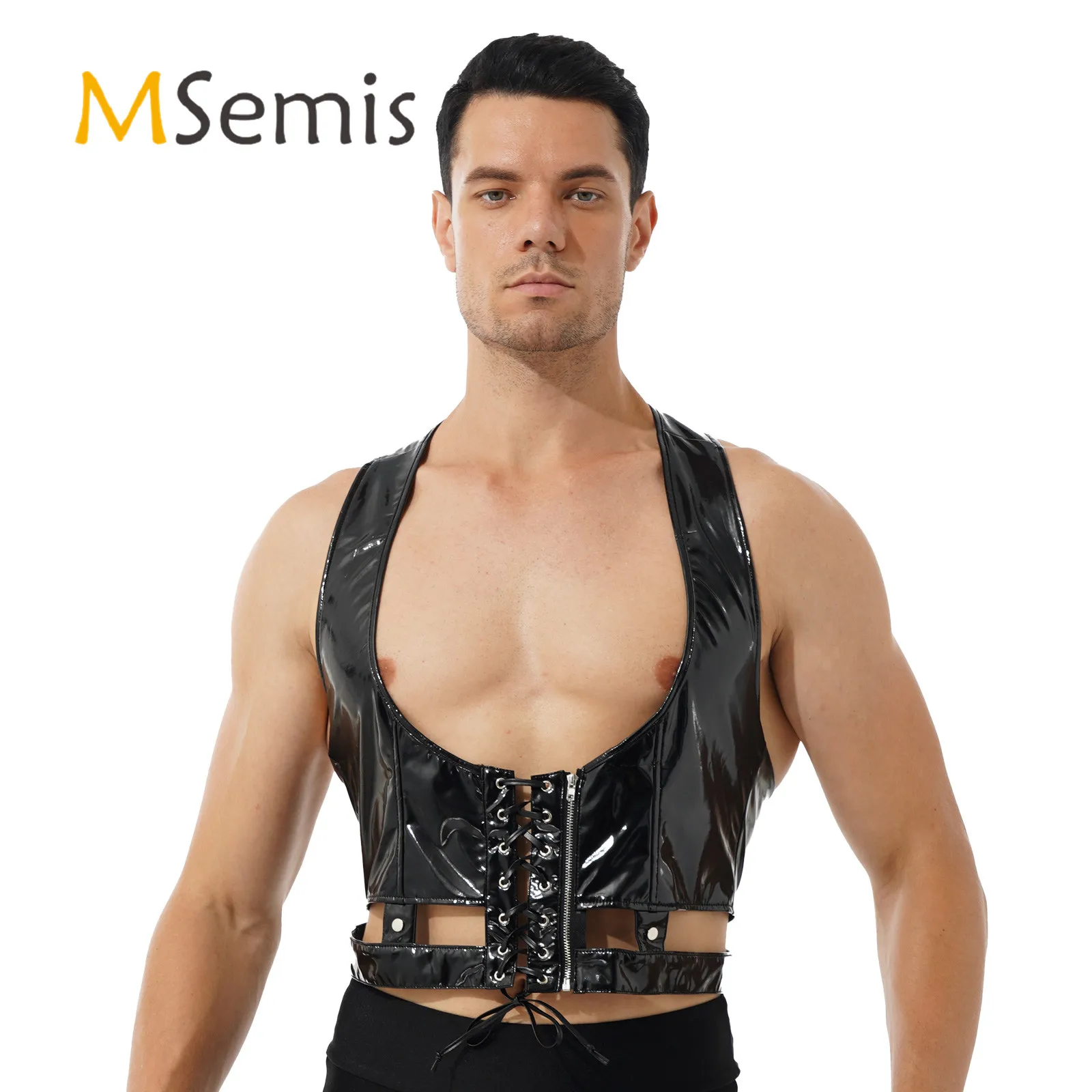 

Майка мужская из лакированной кожи, кроп-топ в готическом стиле, с лямкой на шее, ремнем на спине и регулируемой пряжкой, готический стиль па...