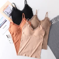 women sexy lace seamless camisole autumn female soft bottoming vest beauty back long tank tops with chest pad s1