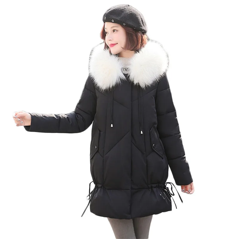 

2020 winter coat women black pink S-2XL plus size loose white fur collar hooded down cotton jackets thick warmth parkas LD1422