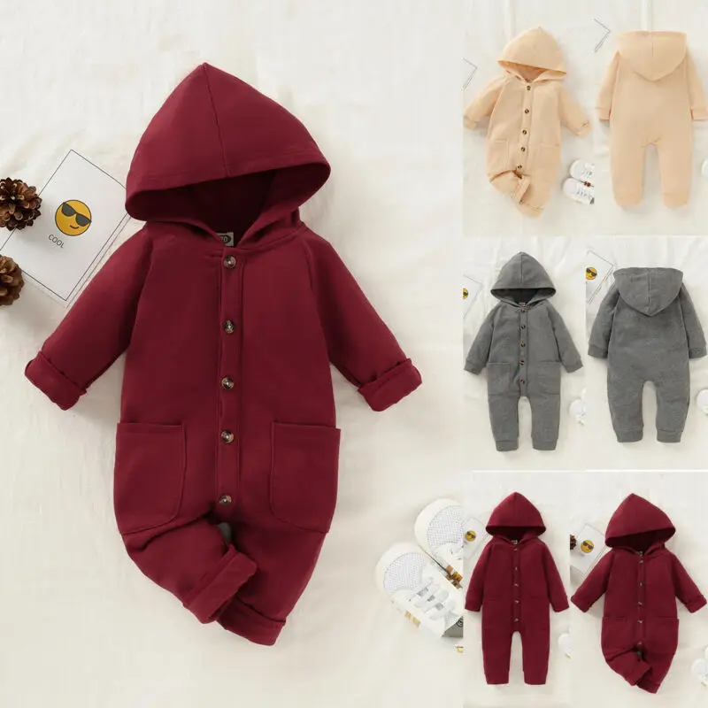 

CANIS Autumn Infant Baby Boy Girl Long Sleeve Button Solid color Cotton Hooded Romper Jumpsuit Clothes Outfit