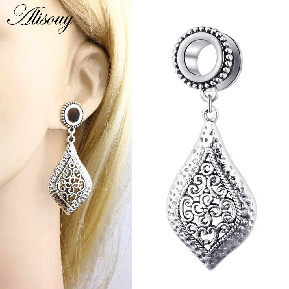 EM0875L Flower Alisouy 2 шт. ушные туннели и Плаги плоти 6-30 мм нержавеющая сталь, Висячие Серьги Туннели расширитель Набор ушко ювелирные изделия для пирсинга тела - Окраска металла: EM0875L Flower
