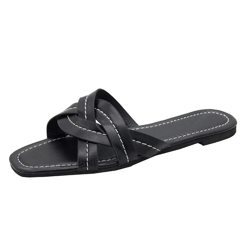 

Peep Toe Rubber Slippers Flat Shoes Female Slipers Women Slides Fashion Soft Summer 2021 Luxury Fabric Casual PU Fretwork Basic