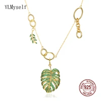 real solid 925 silver metal 40 cm leaf chain necklace pave emerald green sapphire zircon gold plated fine jewelry