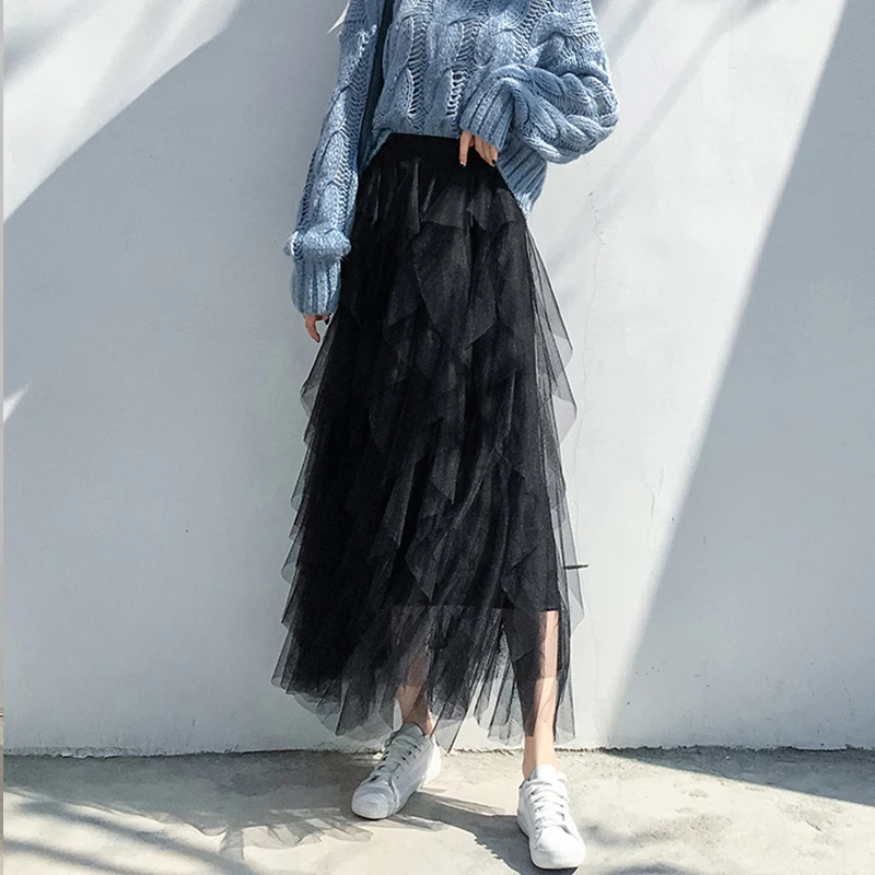 Meyooe Женская юбка миди весна лето сетка Высокая талия Асимметричная однотонная