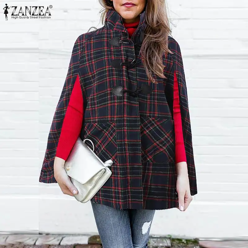 

Fashion Women Capes Ponchos 2022 ZANZEA Spring Autumn Retro Plaid Outwears Oversized Casual Vintage Loose Button Coats Jackets 7