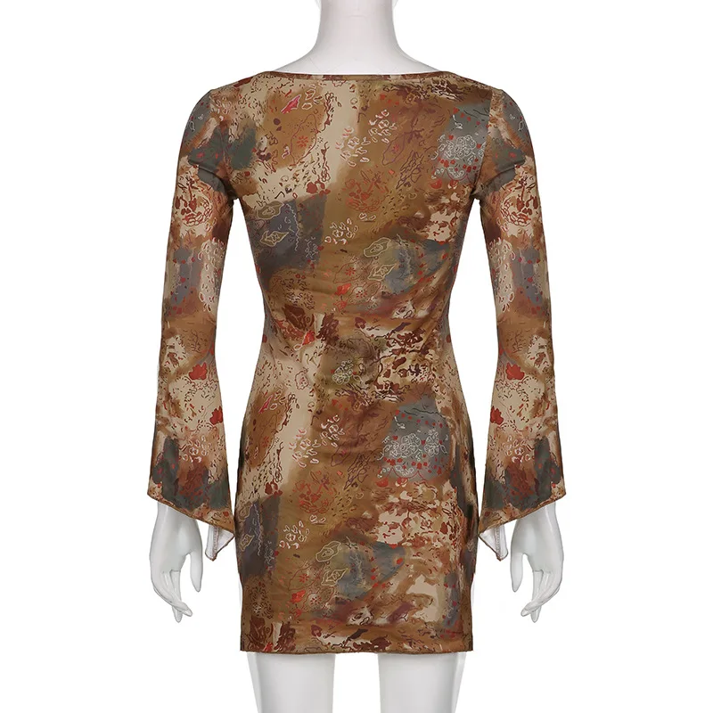 Auyiufar Floral Pattern Fairy Grunge Mini Dress Retro Lace Up Flare Sleeve A Line Dresses V Neck Goblincore Split Women Outfits