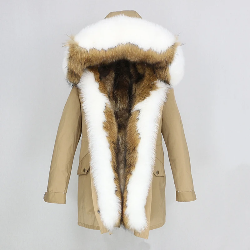 brown white naturalE Женская парка на натуральном меху OFTBUY, черное пальто с натуральным лисьим мехом, с капюшоном с отделкой из меха енота, толстая теплая уличная одежда, зима - Цвет: brown white naturalE