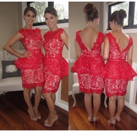 free shipping red lace bridesmaid dresses sexy backless ruffles knee length party prom gown sexy handmade short sheath 2015 new