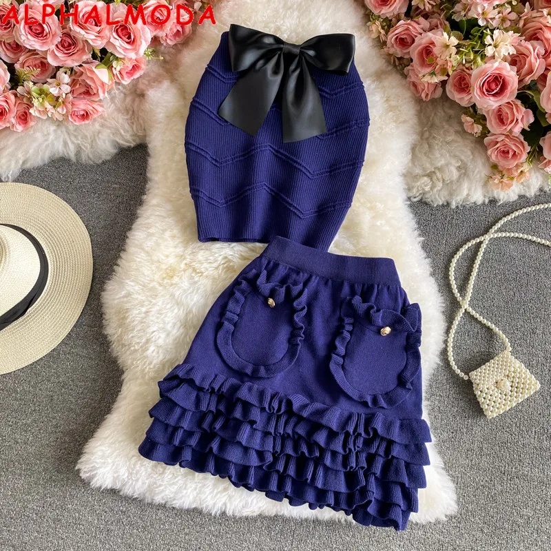 

ALPHALMODA 2021 Sexy Bowknot Brassiere Knitted Top Ruffled Details Mini Skirt Women Chic Knitted 2pcs Suits Sexy Summer Set