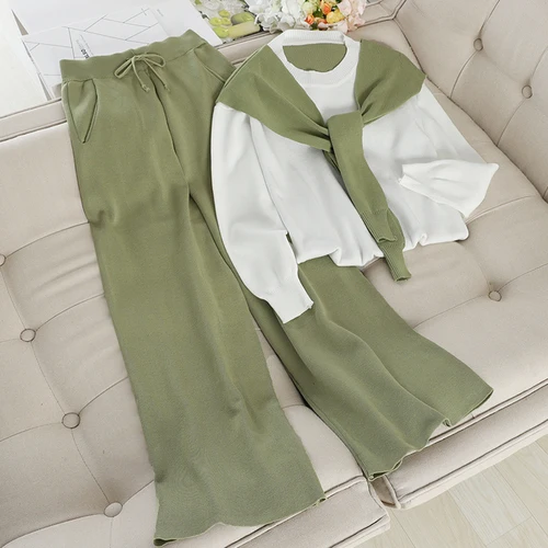 

2 Piece Set Women Spring Scarf Pacthwork O Neck Long Sleeve Female Sweater+Casual High Waist Pants Fashion Suit