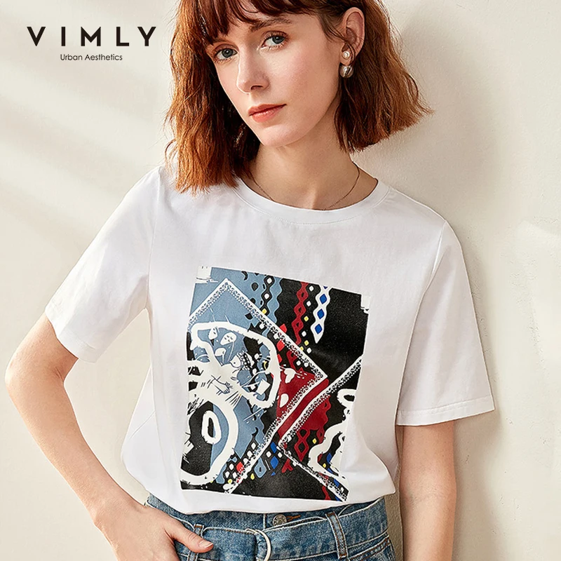 Женская хлопковая Футболка с принтом Vimly Повседневная Свободная футболка