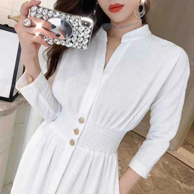 

Temperamental Slim Pleated Women Dress 2019 New Elastic waist High Quality Long Dress A Word Autumn Dresses Vestidos