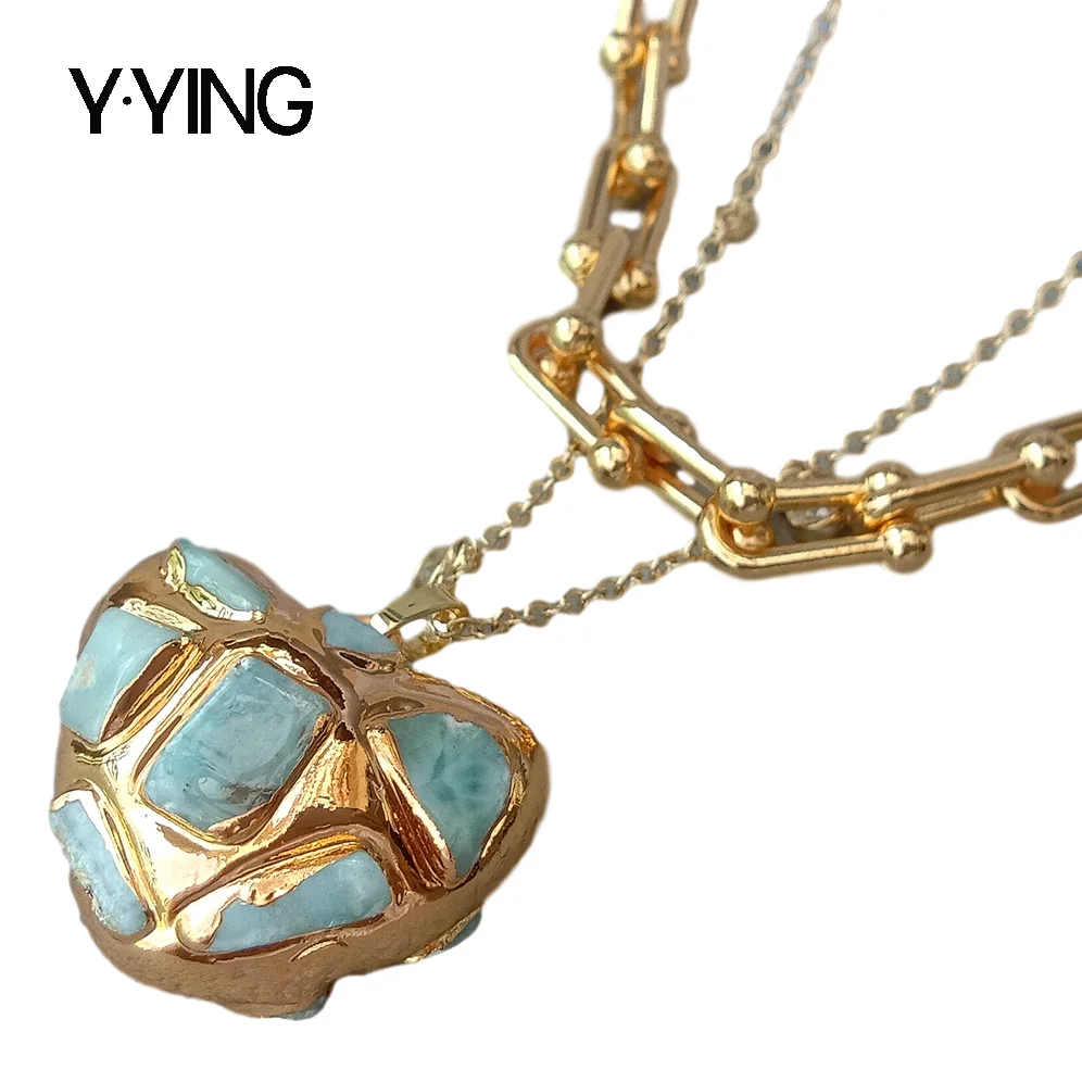 

Y·YING Natural Heart Shaped Blue Larimar Pendant necklace Gold color Plated Chain Layers statement Necklace 20" Gifts