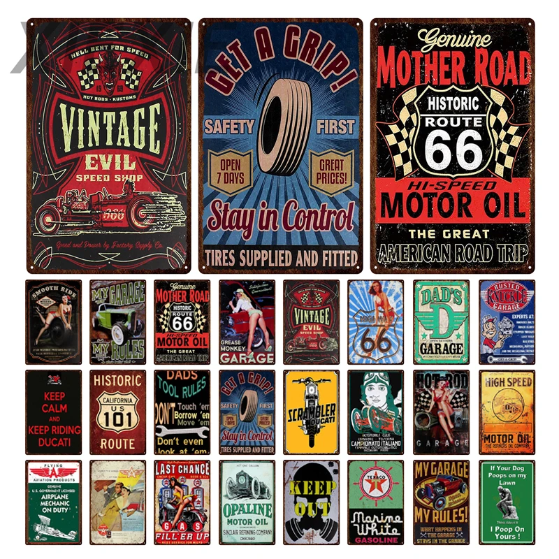 

Vintage Metal Sign Get a Grip Car Tires Tin Sign Motor Oil Historic Route Wall Art for Wall Plaque Bar Garage Art Home Decor