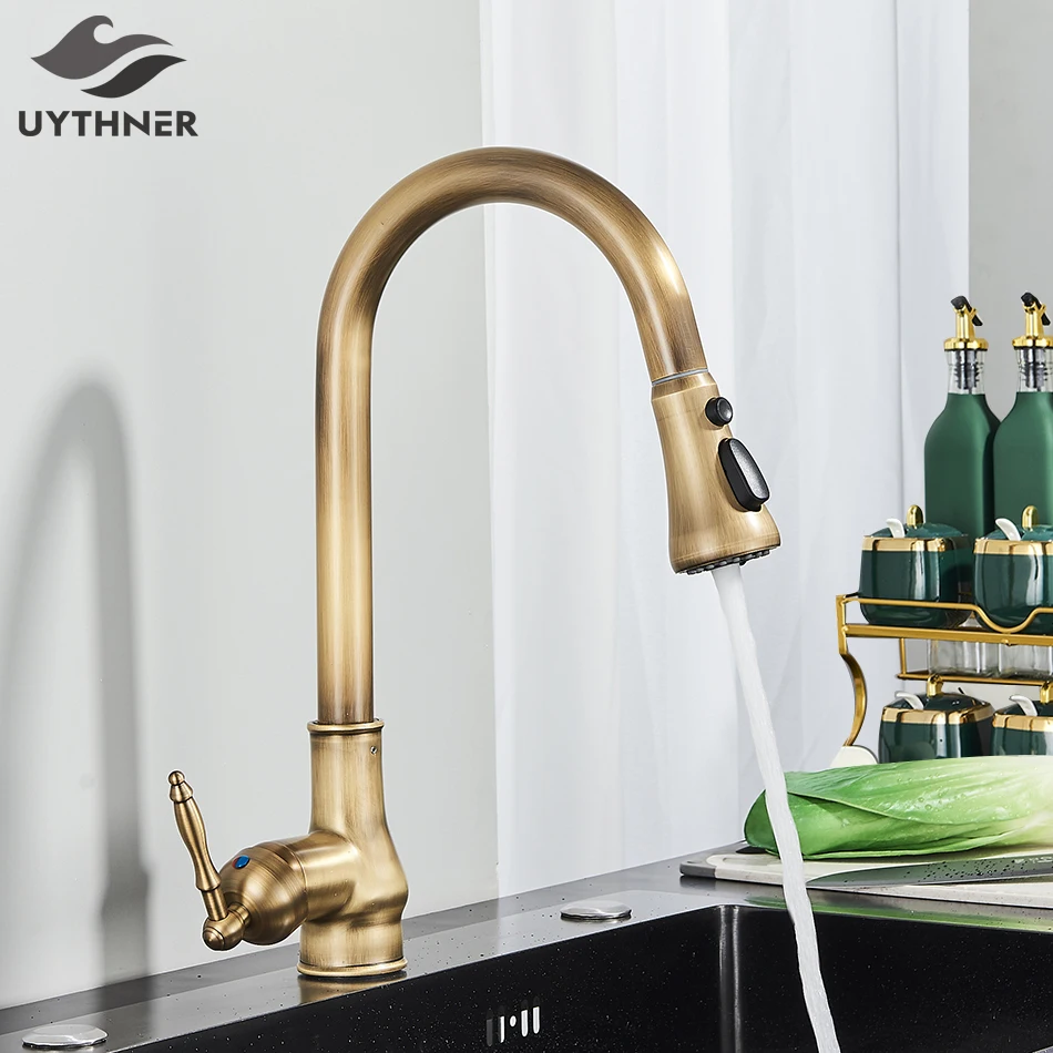 Uythner античный латунный кухонный кран выдвижной для раковины водопроводный с