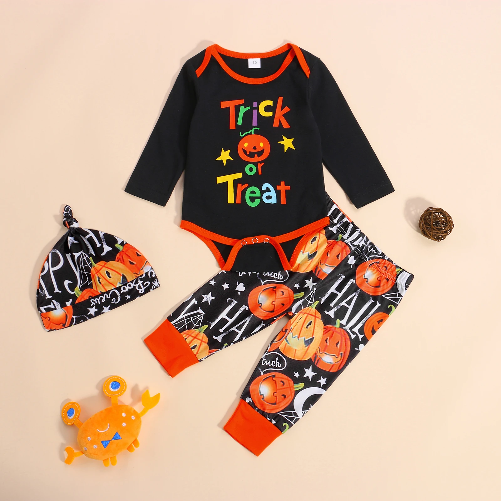 

Костюм для новорожденных на Хэллоуин с длинным рукавом, боди с принтом букв, штаны, шапка, наряд с принтом тыквы, осенняя праздничная одежда